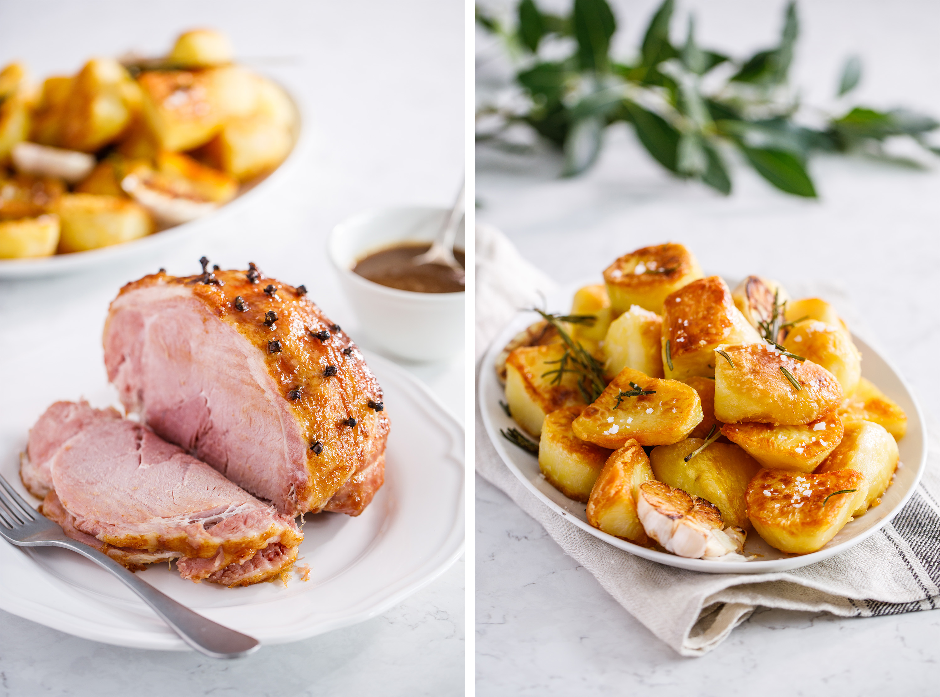 Maple ham, roast potatoes food photography