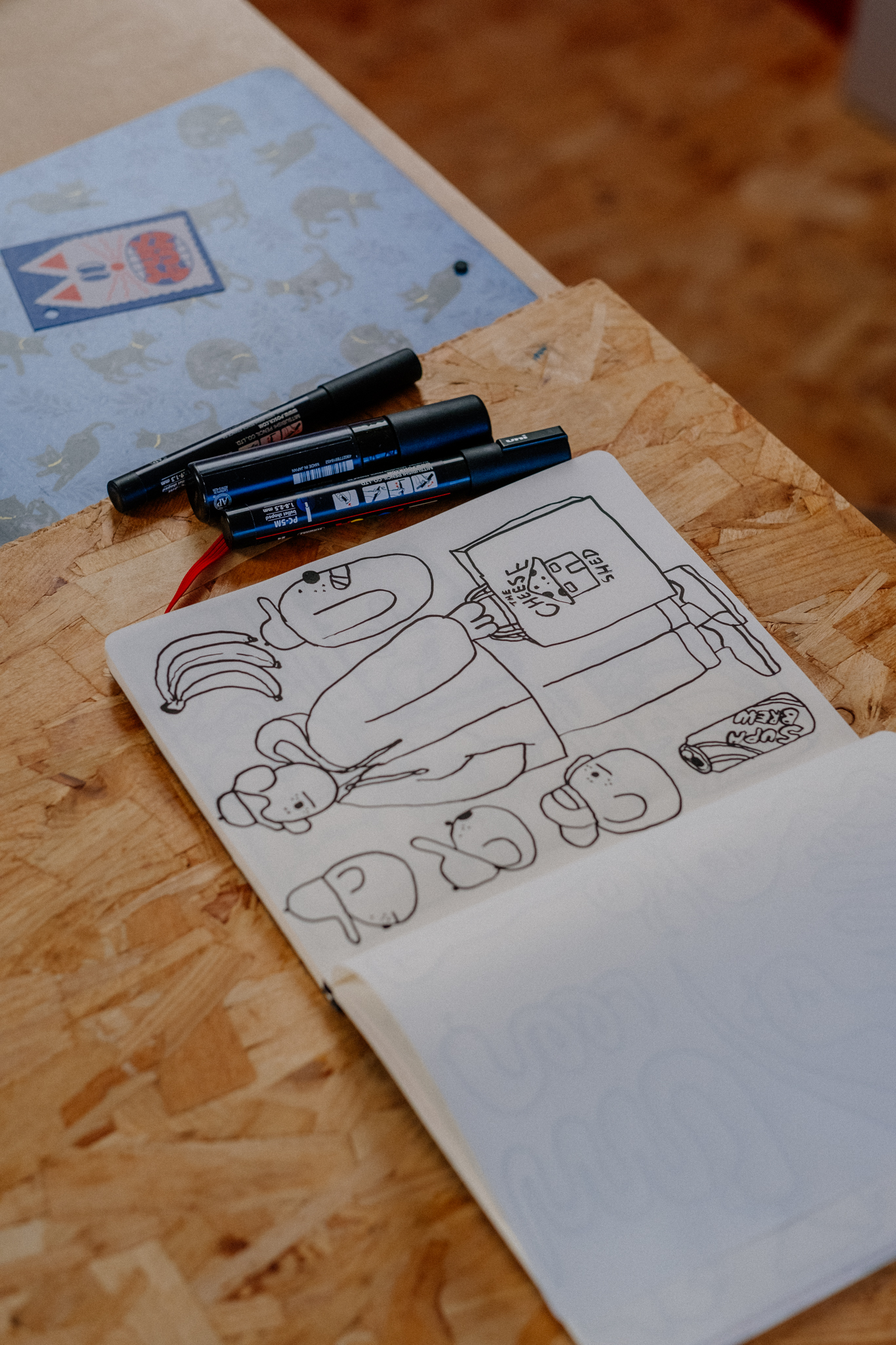 close up photograph of artist sketchbook with marker pens by side